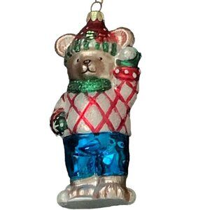 VTG Brass Key Collection Blown Glass Bear Christmas Ornament #110H